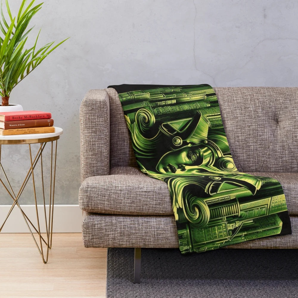 Colorful plush throw blanket with futuristic cinema and retro gaming design