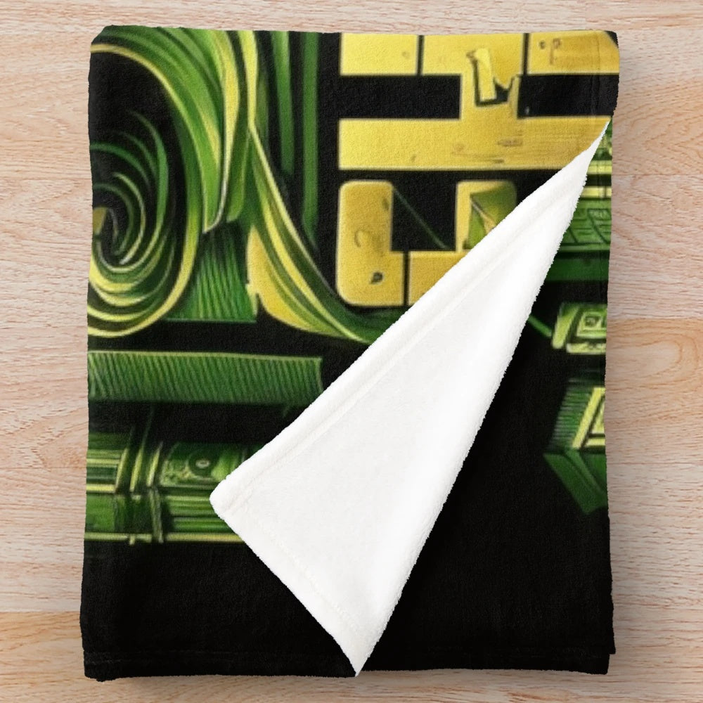 Colorful plush throw blanket with futuristic cinema and retro gaming design