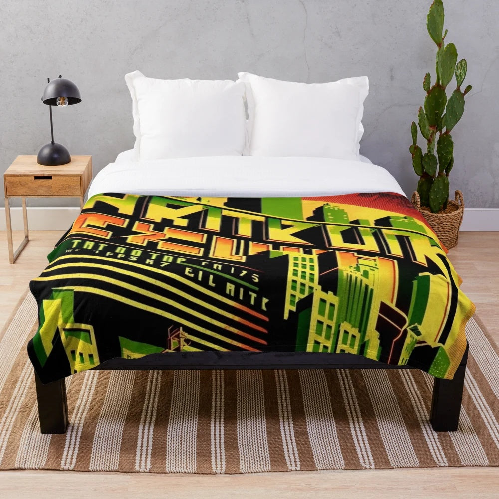 Colorful, abstract, and geometric futuristic plush blanket with cinema lighting effects
