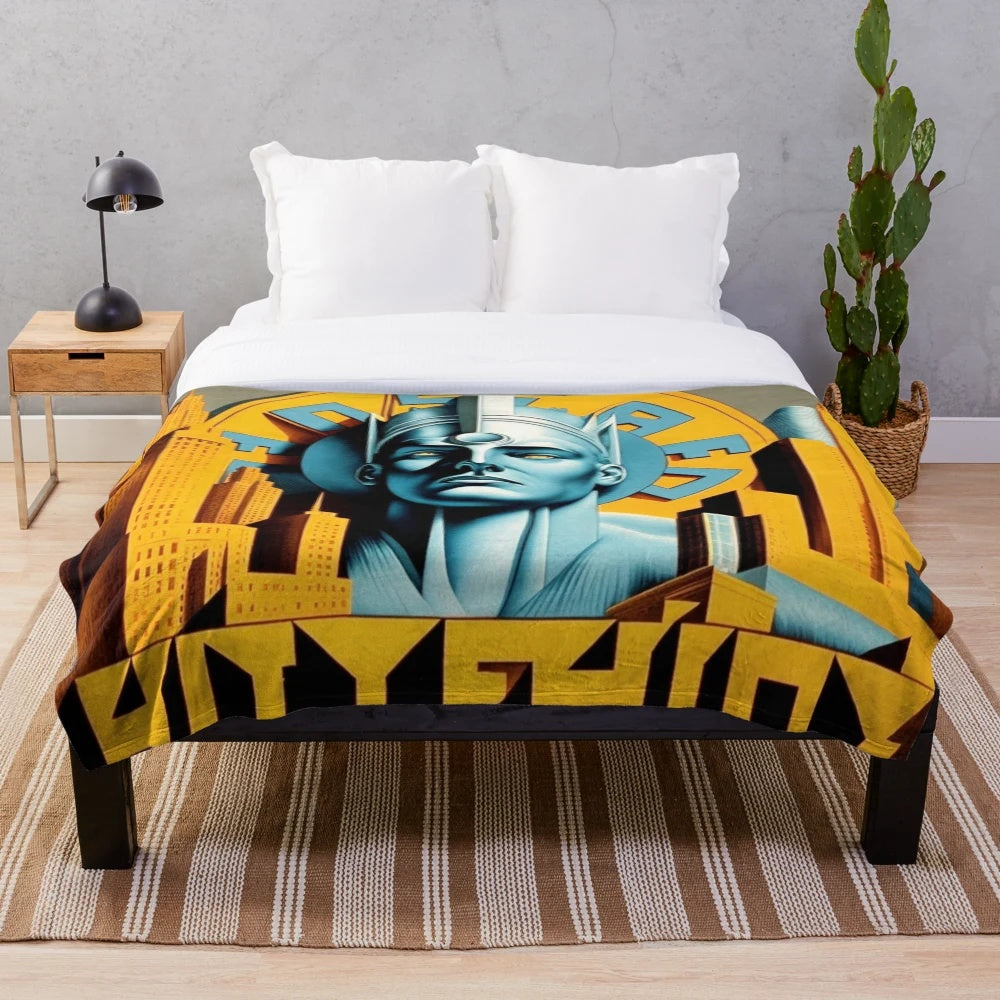 Vibrant futuristic plush blanket with metropolis cinema and movie theater inspired design