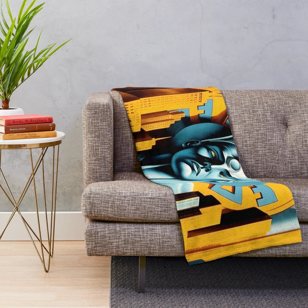 Vibrant futuristic plush blanket with metropolis cinema and movie theater inspired design
