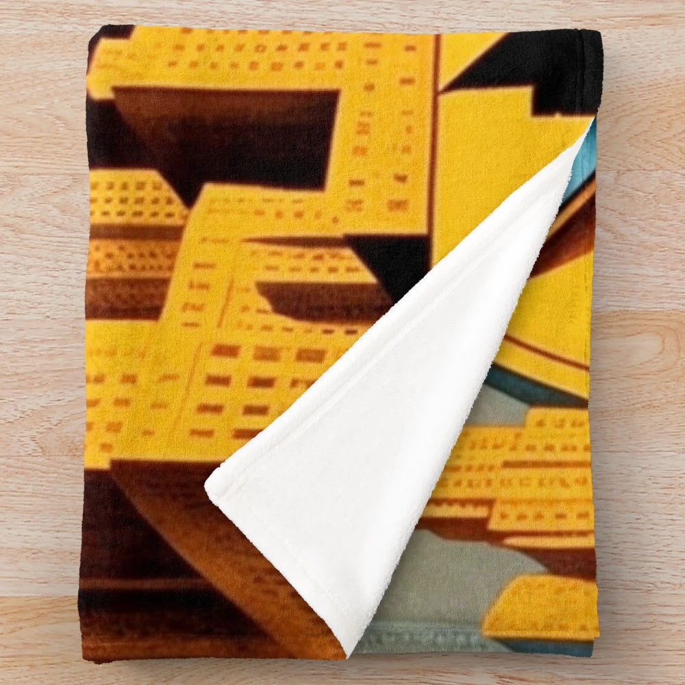 Vibrant futuristic plush blanket with metropolis cinema and movie theater inspired design