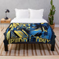 Colorful futuristic plush blanket with urban cityscape and movie theater elements