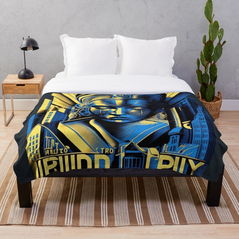 Colorful futuristic plush blanket with urban cityscape and movie theater elements