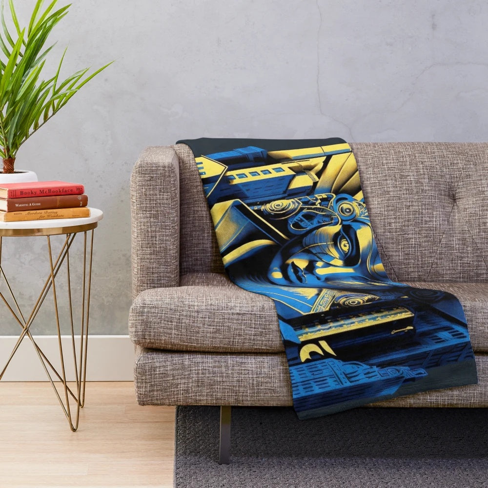 Colorful futuristic plush blanket with urban cityscape and movie theater elements