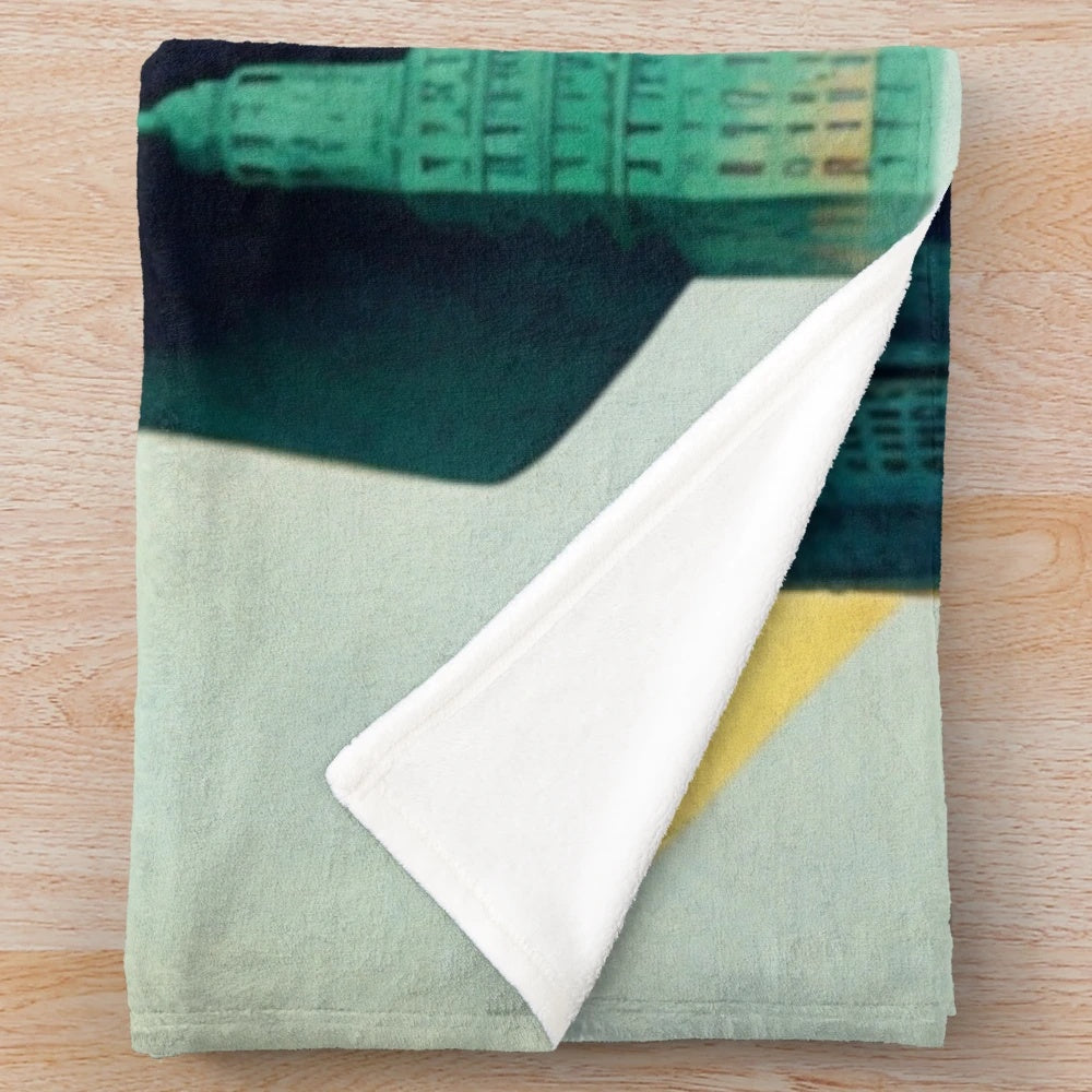 Vibrant futuristic plush blanket with abstract color block design inspired by cinema and video game lights