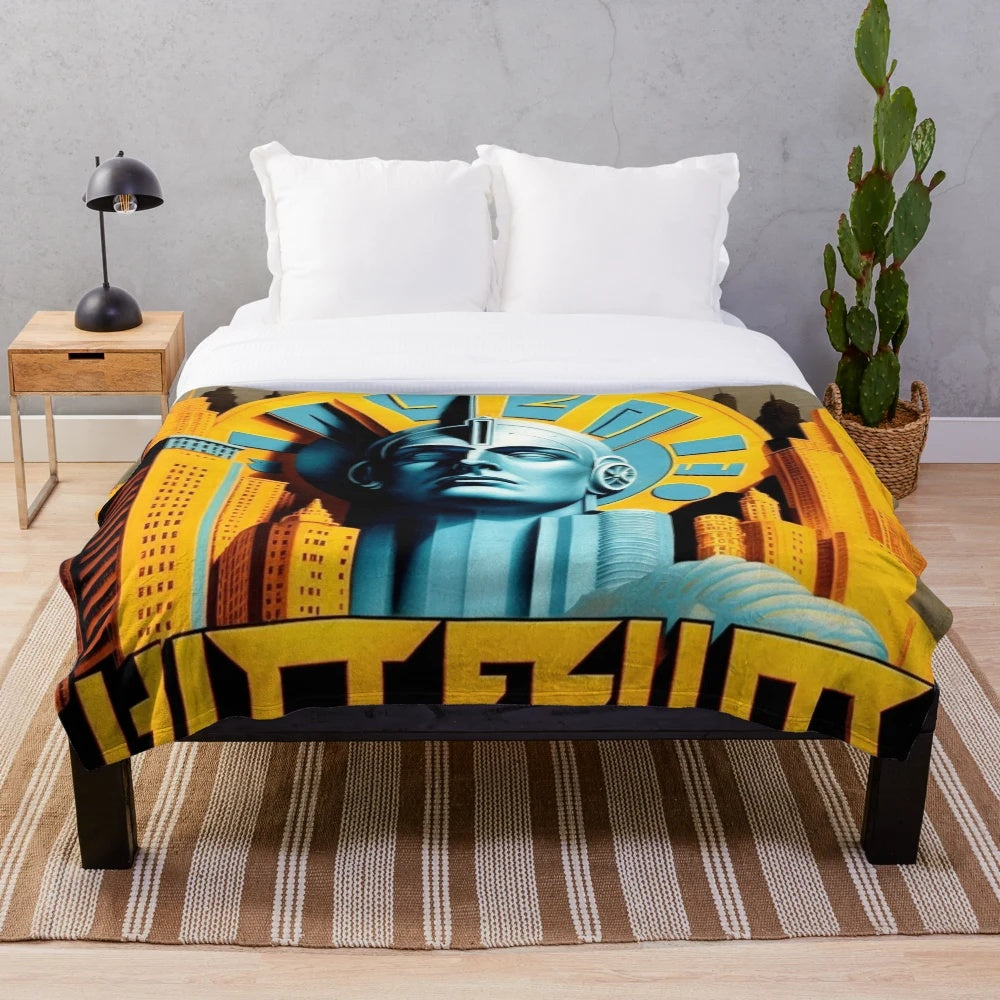 Futuristic plush blanket with blue, yellow, and black colors inspired by a metropolitan cinema