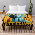 Futuristic plush blanket with blue, yellow, and black colors inspired by a metropolitan cinema