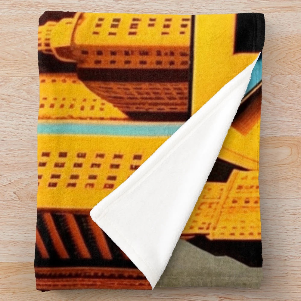 Futuristic plush blanket with blue, yellow, and black colors inspired by a metropolitan cinema
