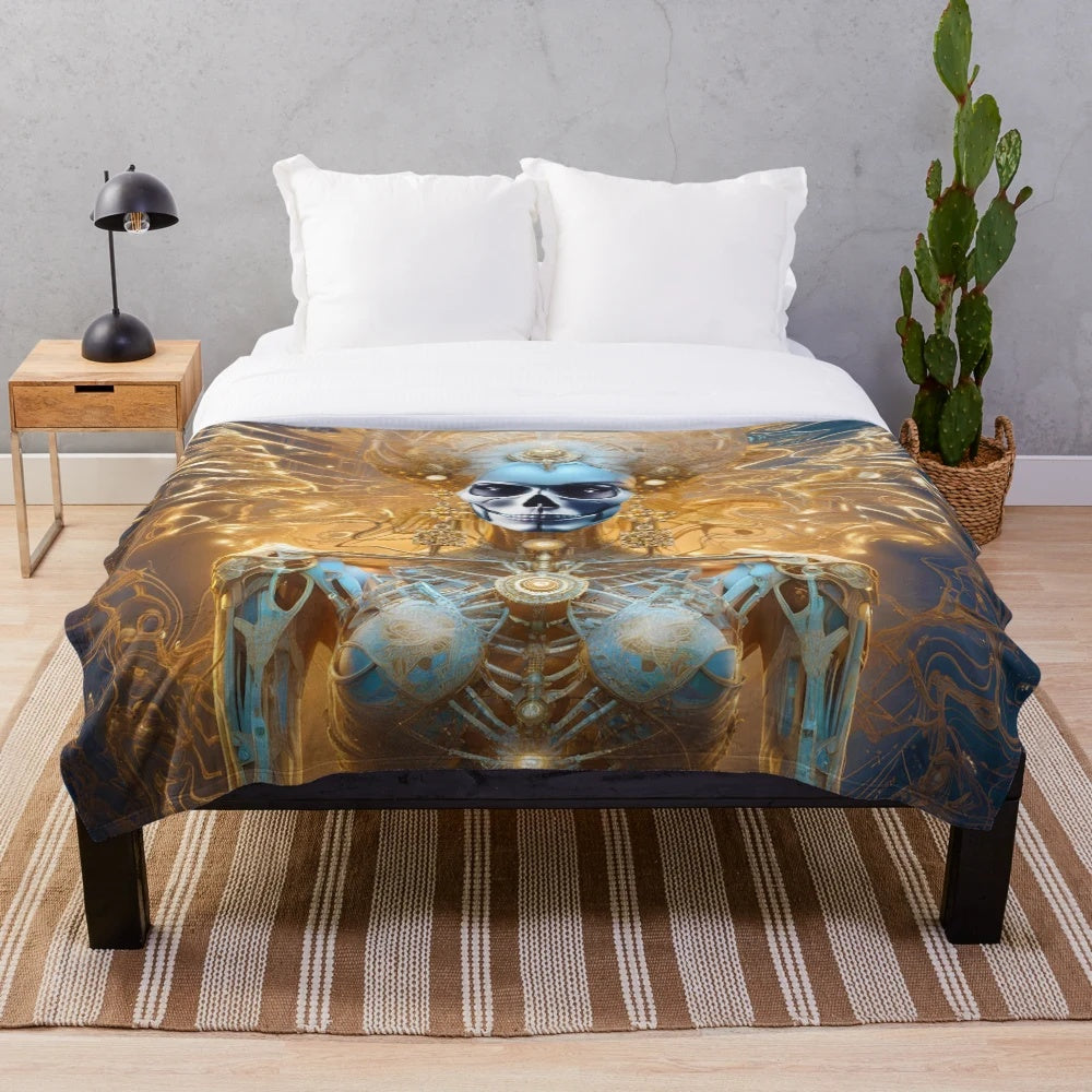 Colorful and surreal plush blanket with fantasy and sci-fi inspired patterns