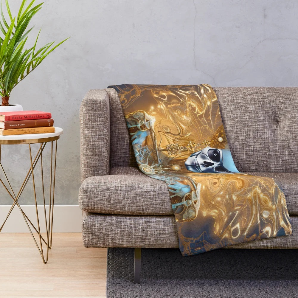 Colorful and surreal plush blanket with fantasy and sci-fi inspired patterns