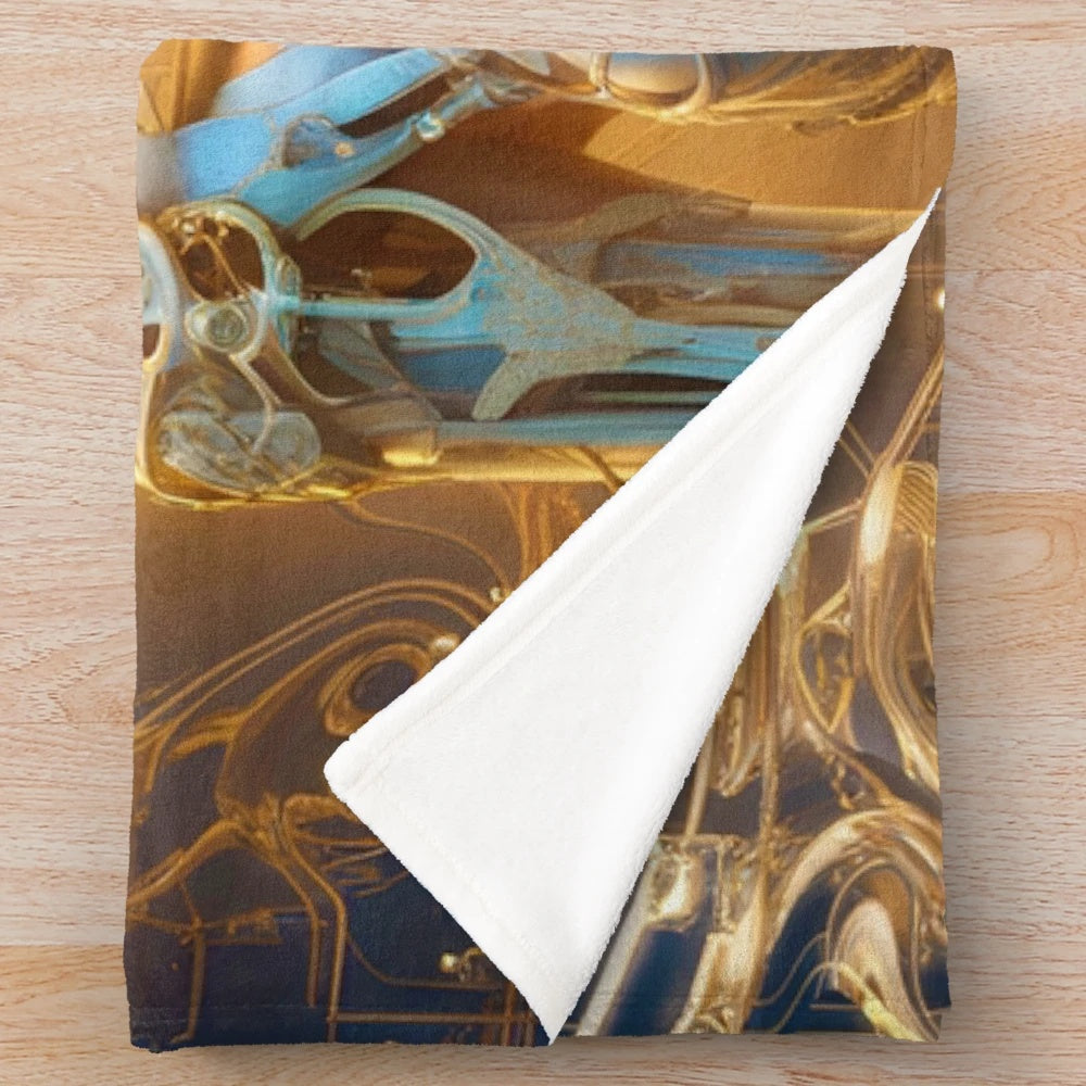 Colorful and surreal plush blanket with fantasy and sci-fi inspired patterns