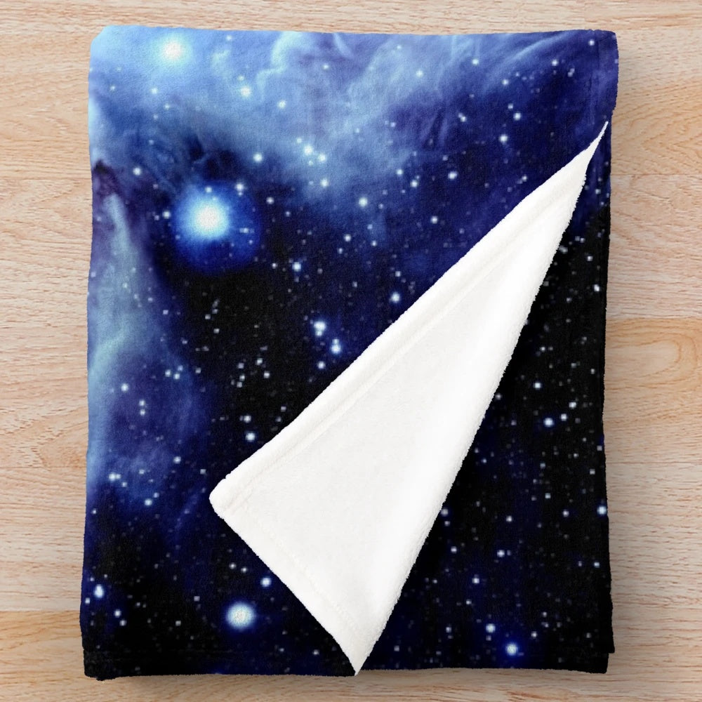 Galaxy blue plush blanket with Orion nebula design