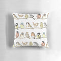 Colorful pillow featuring a beautiful dawn chorus of garden birds like robins and wrens