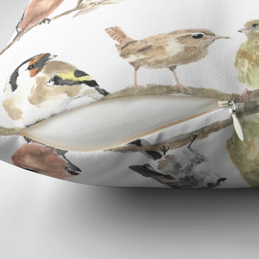 Colorful pillow featuring a beautiful dawn chorus of garden birds like robins and wrens