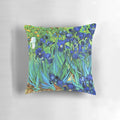 Vibrant garden irises in a bold, colorful painting style on a decorative throw pillow