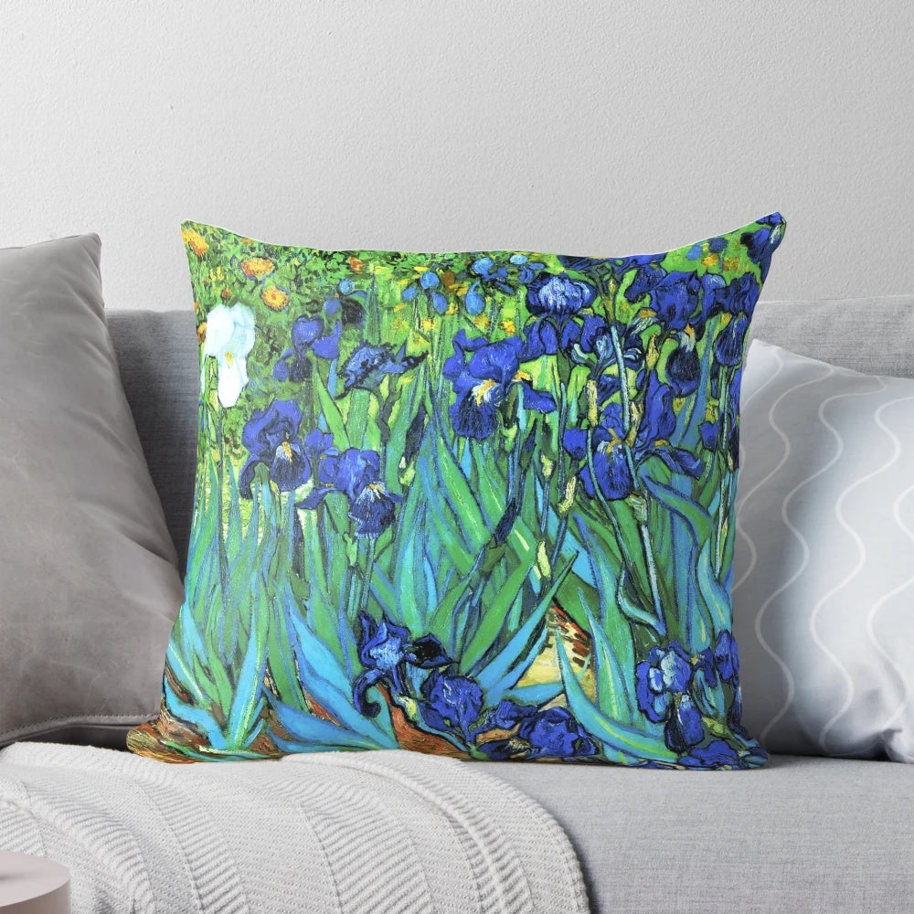 Vibrant garden irises in a bold, colorful painting style on a decorative throw pillow