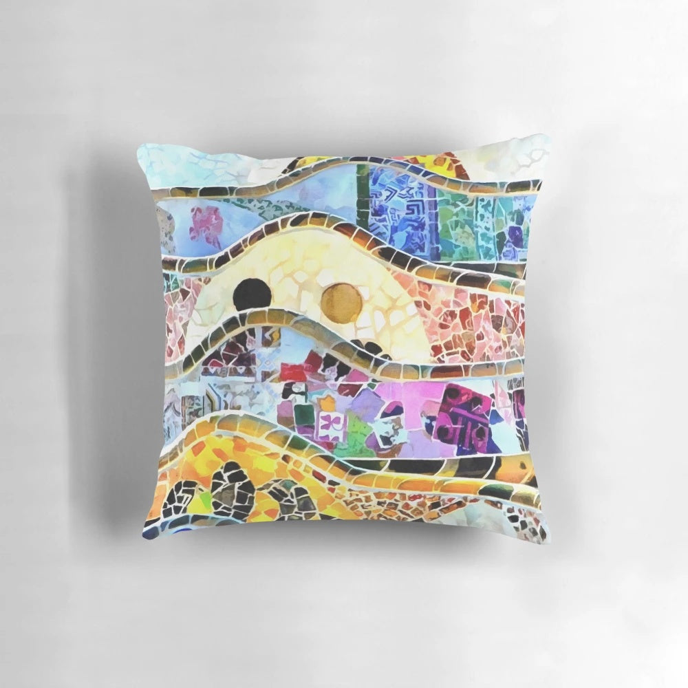Colorful Gaudi-inspired Barcelona mosaic pattern throw pillow