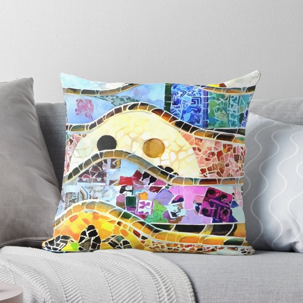 Colorful Gaudi-inspired Barcelona mosaic pattern throw pillow
