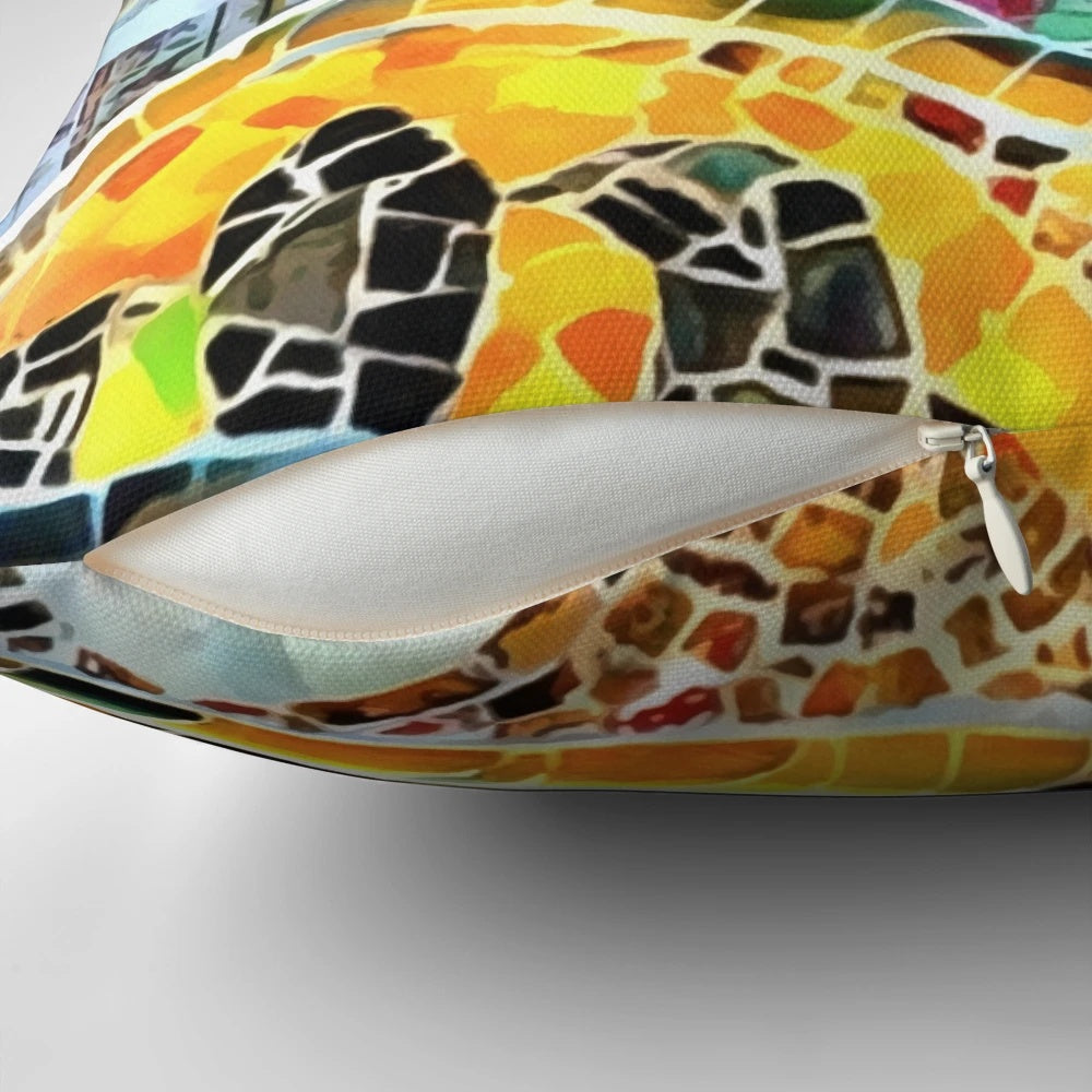 Colorful Gaudi-inspired Barcelona mosaic pattern throw pillow