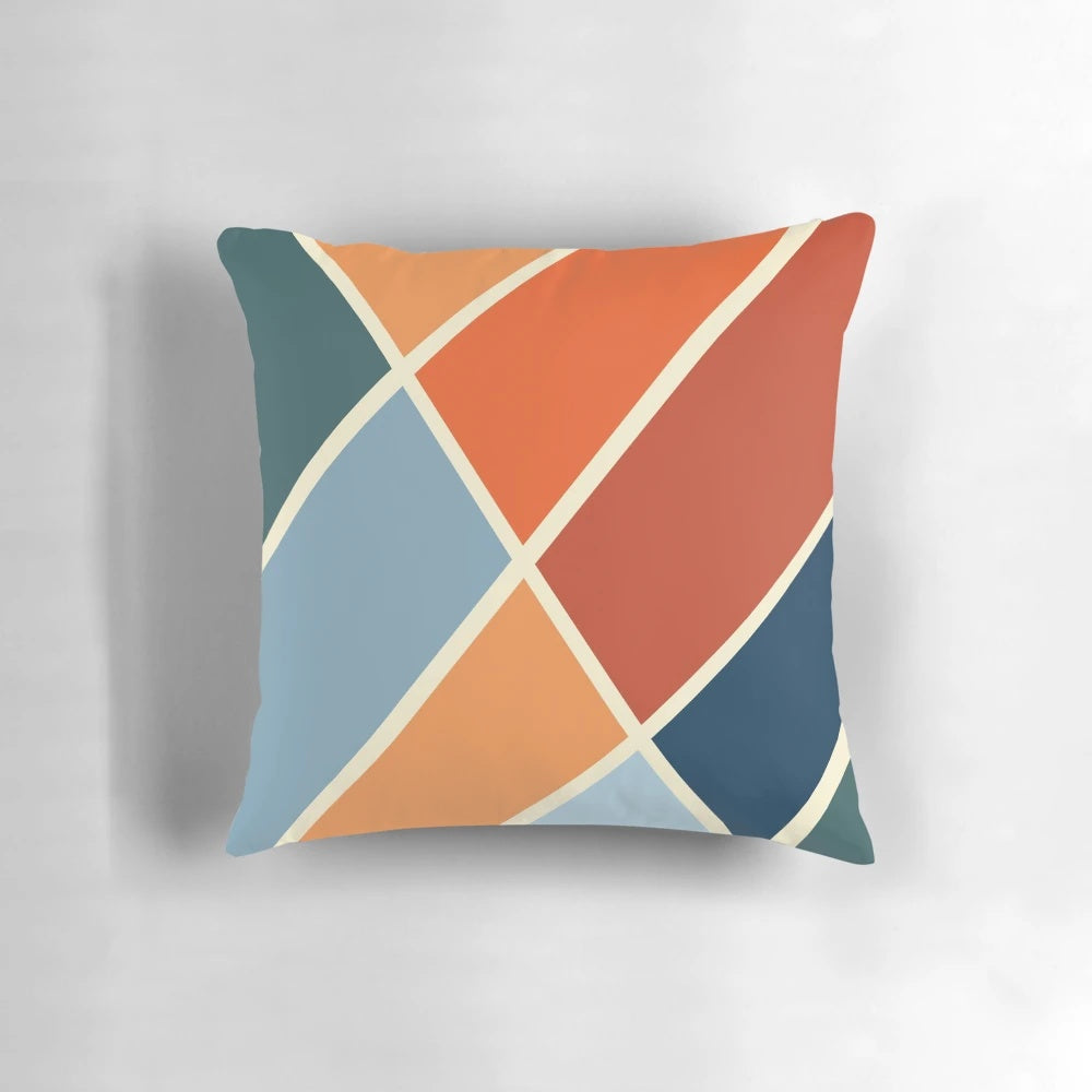 Colorful abstract geometric pillow with diagonal striped triangle pattern