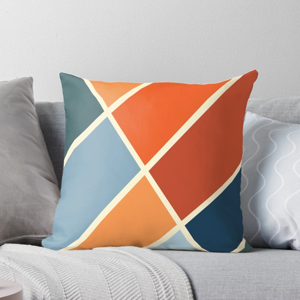 Colorful abstract geometric pillow with diagonal striped triangle pattern