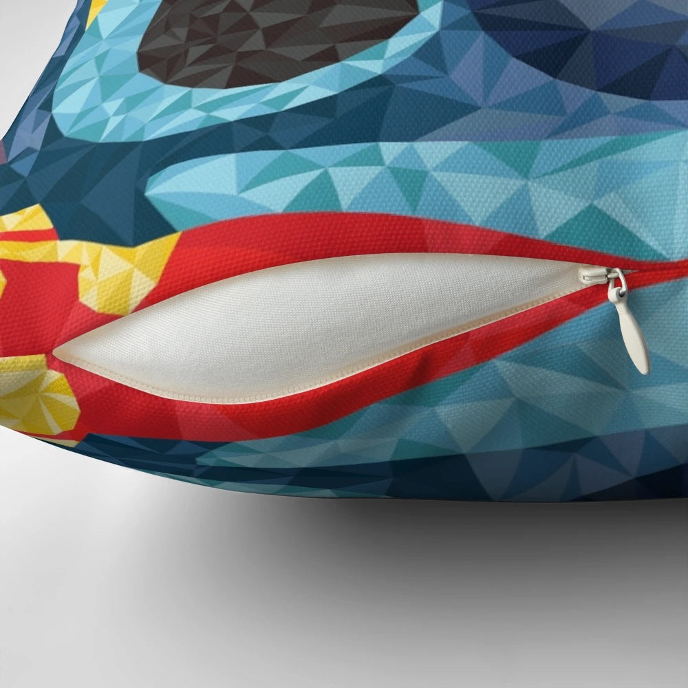 Geometric pattern pillow with Hawaiian flowers in red, blue, and yellow colors