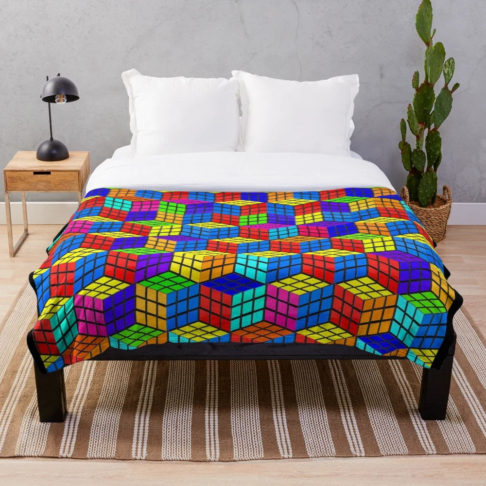 Vibrant geometric plush blanket with optical illusion design