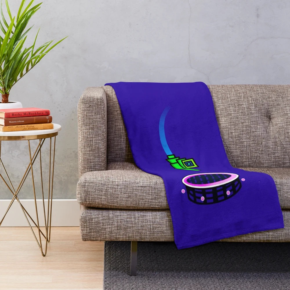 Geometry Dash-inspired plush blanket with geometric patterns and shapes