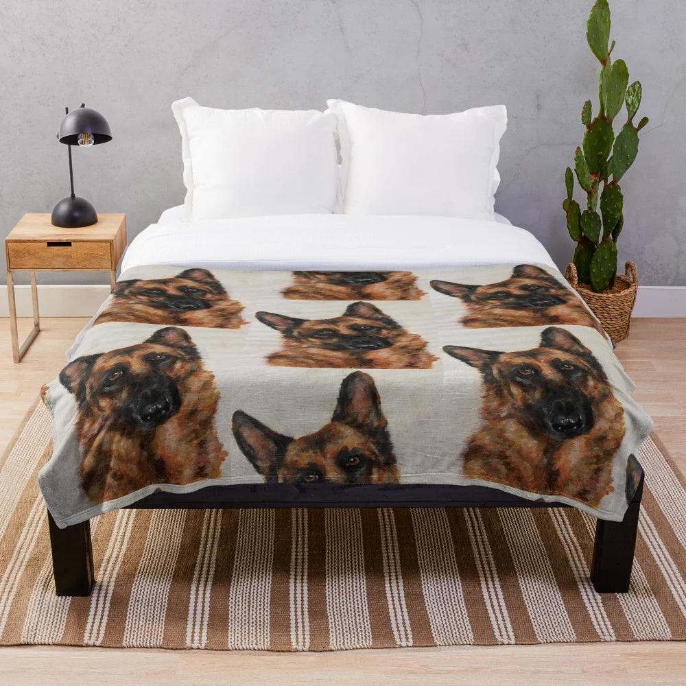 Colorful German Shepherd dog on a cozy autumn-themed plush blanket