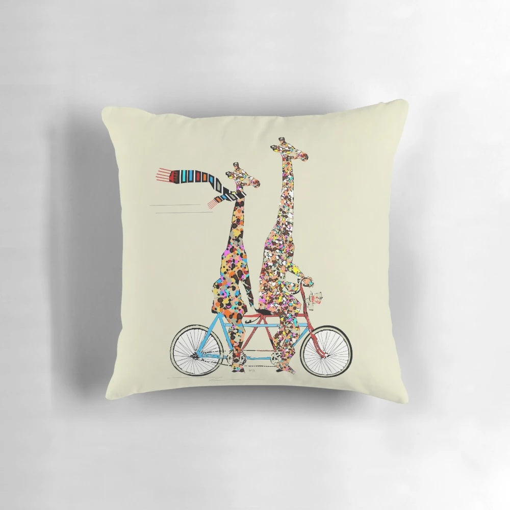 Colorful illustration of a giraffe couple riding a tandem bicycle, with a whimsical, vibrant design.