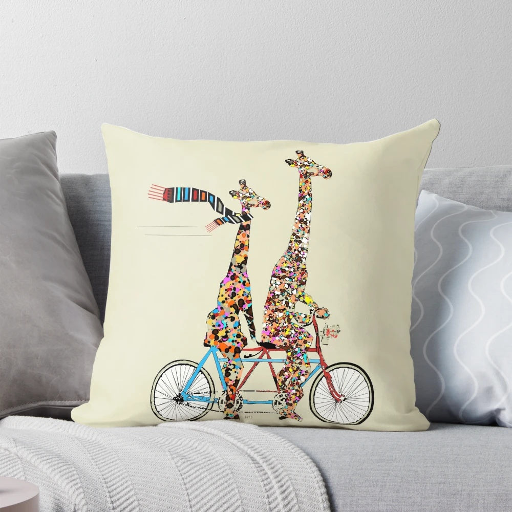 Colorful illustration of a giraffe couple riding a tandem bicycle, with a whimsical, vibrant design.