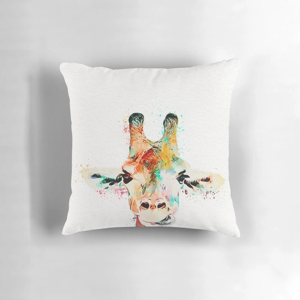 Colorful watercolor painting of a giraffe on a decorative throw pillow