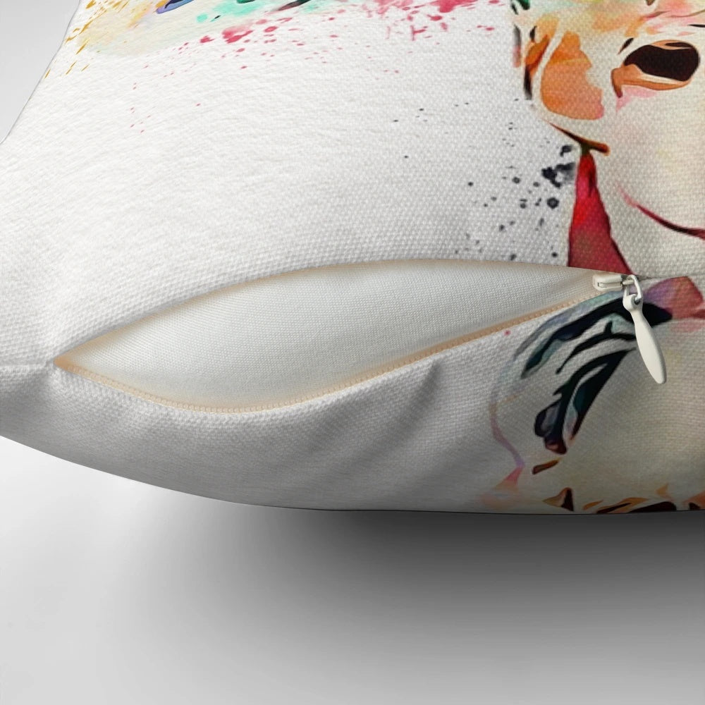 Colorful watercolor painting of a giraffe on a decorative throw pillow