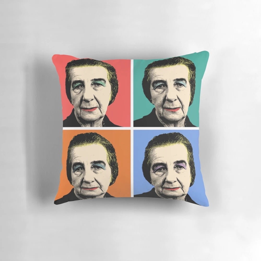 Colorful portrait of Golda Meir, the former Prime Minister of Israel, on a decorative pillow.