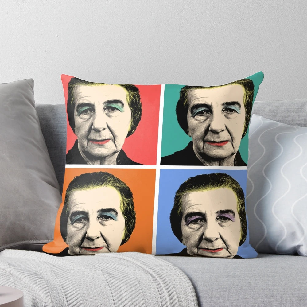 Colorful portrait of Golda Meir, the former Prime Minister of Israel, on a decorative pillow.