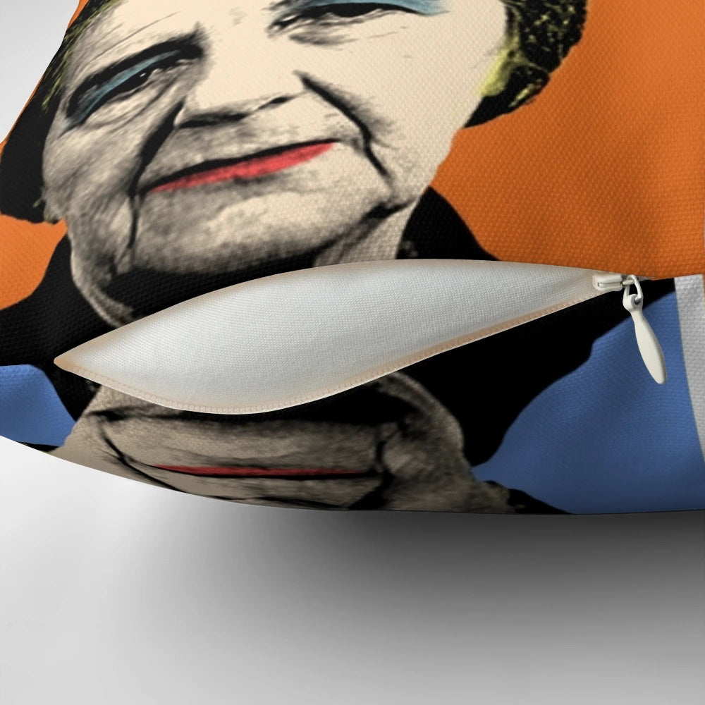 Colorful portrait of Golda Meir, the former Prime Minister of Israel, on a decorative pillow.