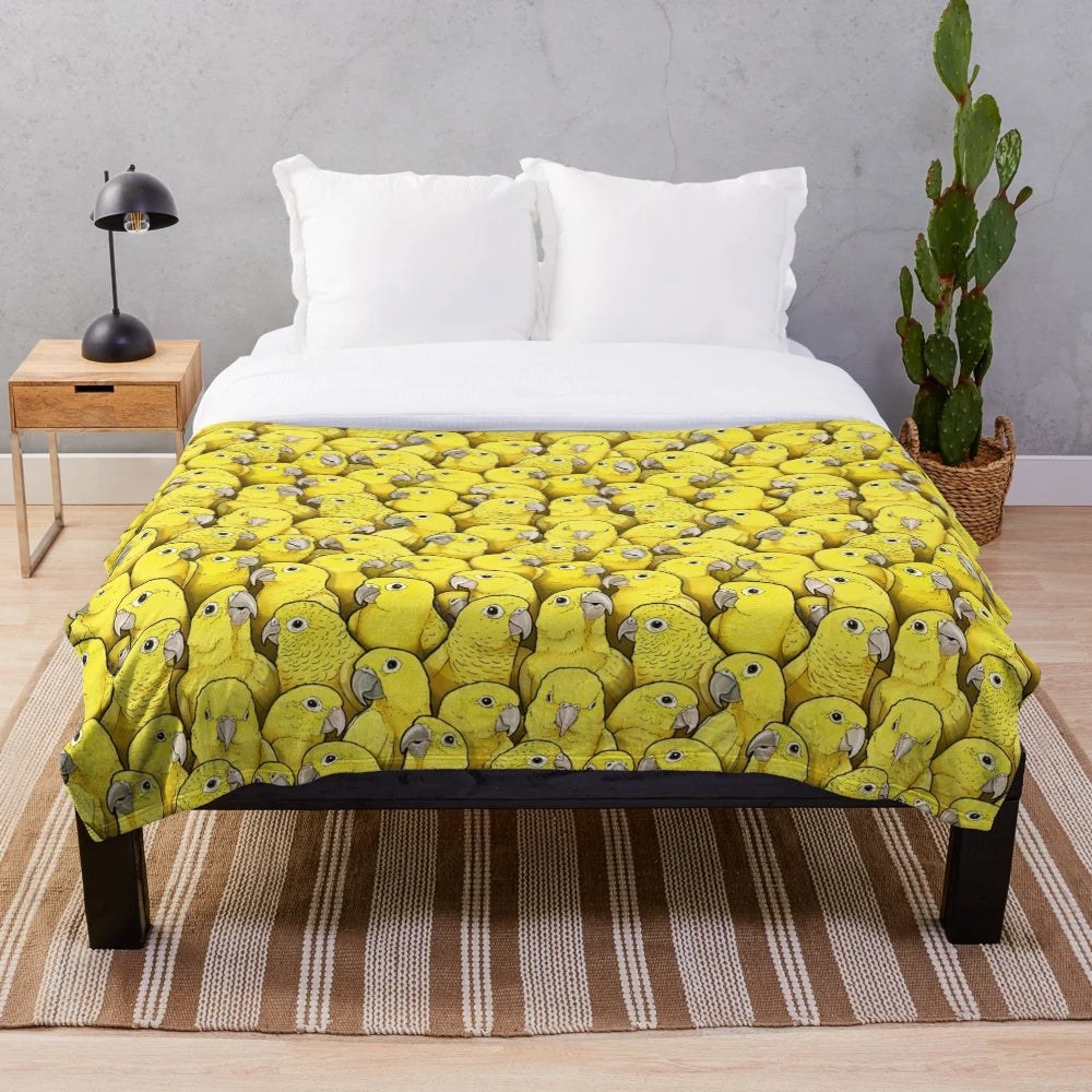Soft and cuddly plush blanket with a vibrant golden conure parrot design