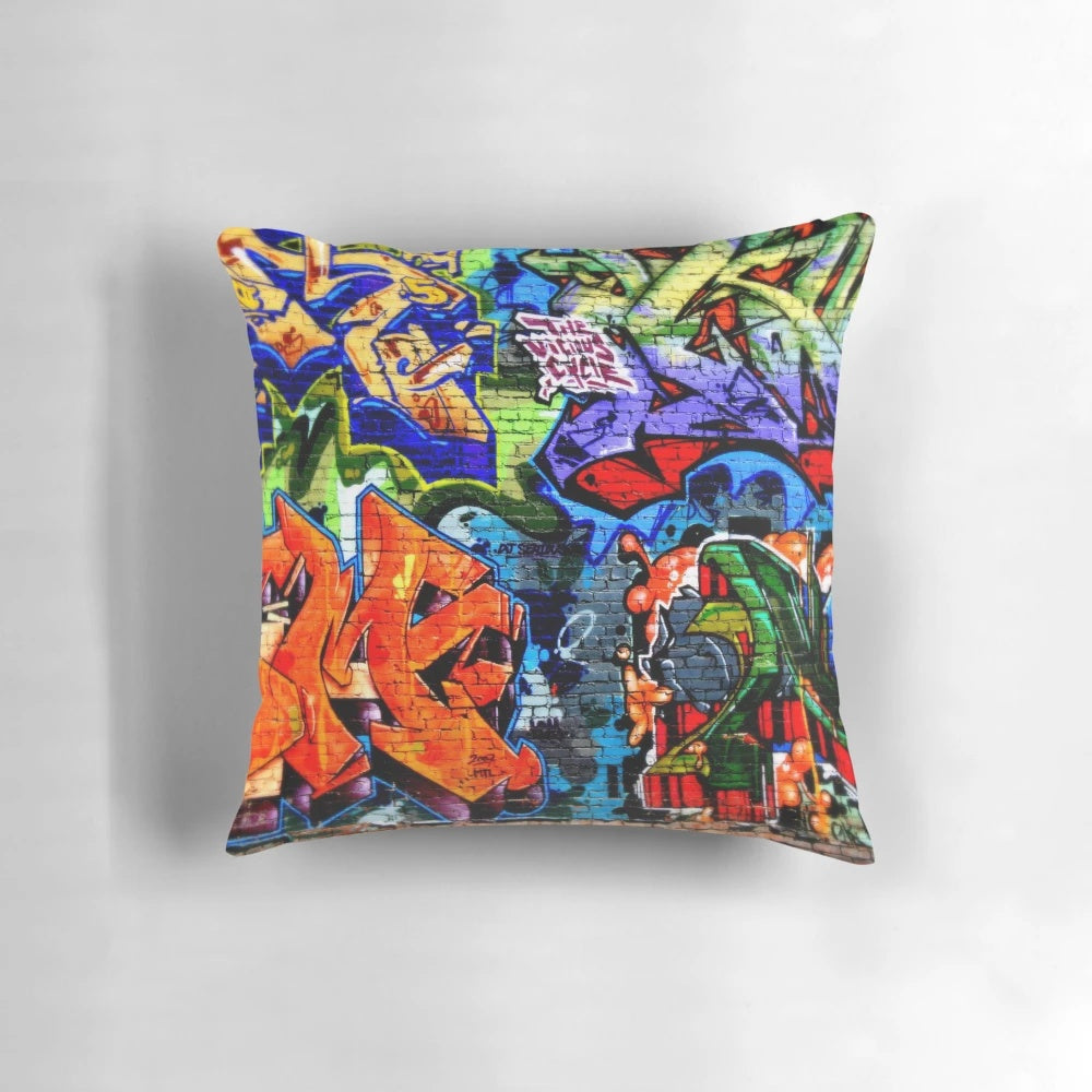 Colorful graffiti-style digital artwork featured on a soft, comfortable pillow