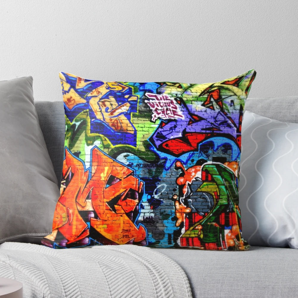 Colorful graffiti-style digital artwork featured on a soft, comfortable pillow
