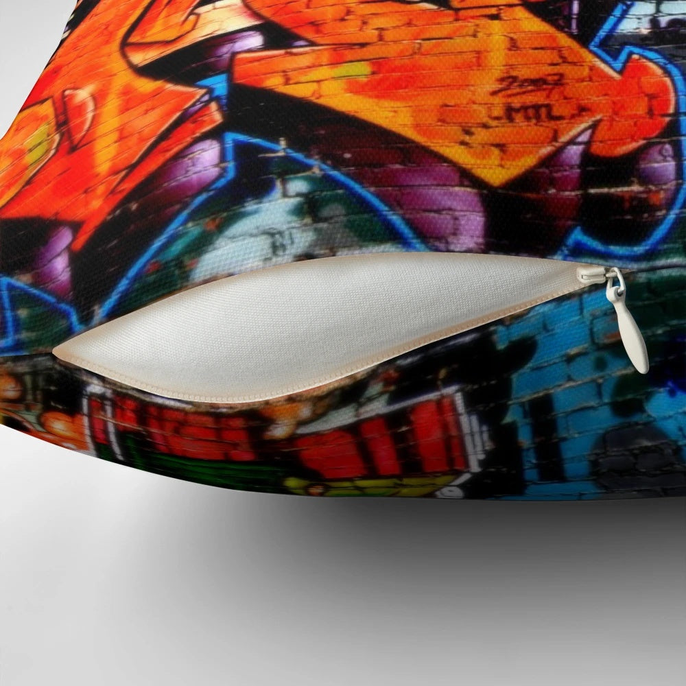 Colorful graffiti-style digital artwork featured on a soft, comfortable pillow