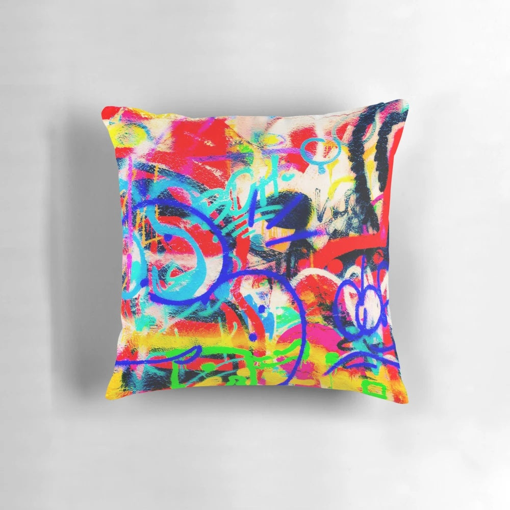 Colorful abstract graffiti-style pillow with modern, urban wall art design