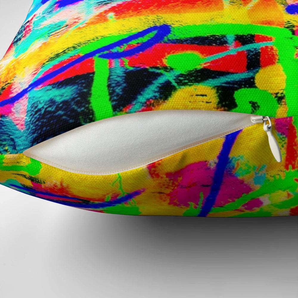 Colorful abstract graffiti-style pillow with modern, urban wall art design