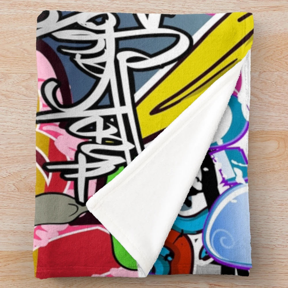 Colorful graffiti-inspired plush blanket