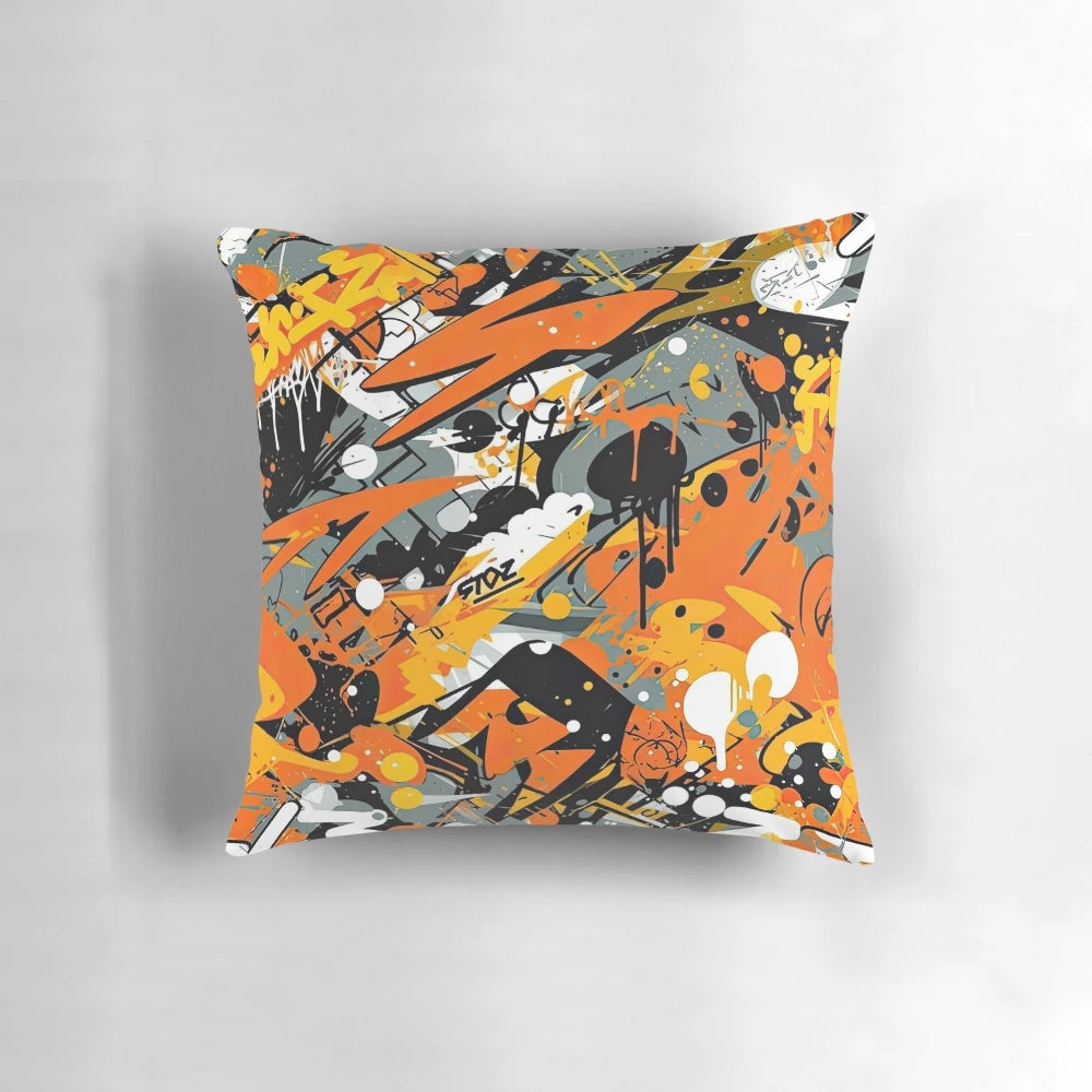 Stylish pillow featuring a seamless pattern with urban graffiti-inspired designs in vibrant orange, black, and grey tones.