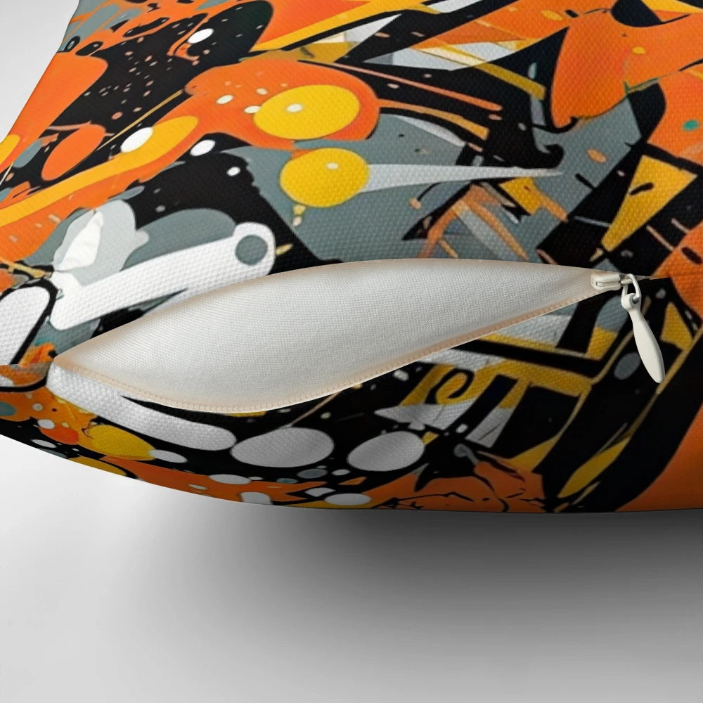Stylish pillow featuring a seamless pattern with urban graffiti-inspired designs in vibrant orange, black, and grey tones.