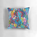 Colorful graffiti-style painting on a throw pillow with a grungy, urban aesthetic.