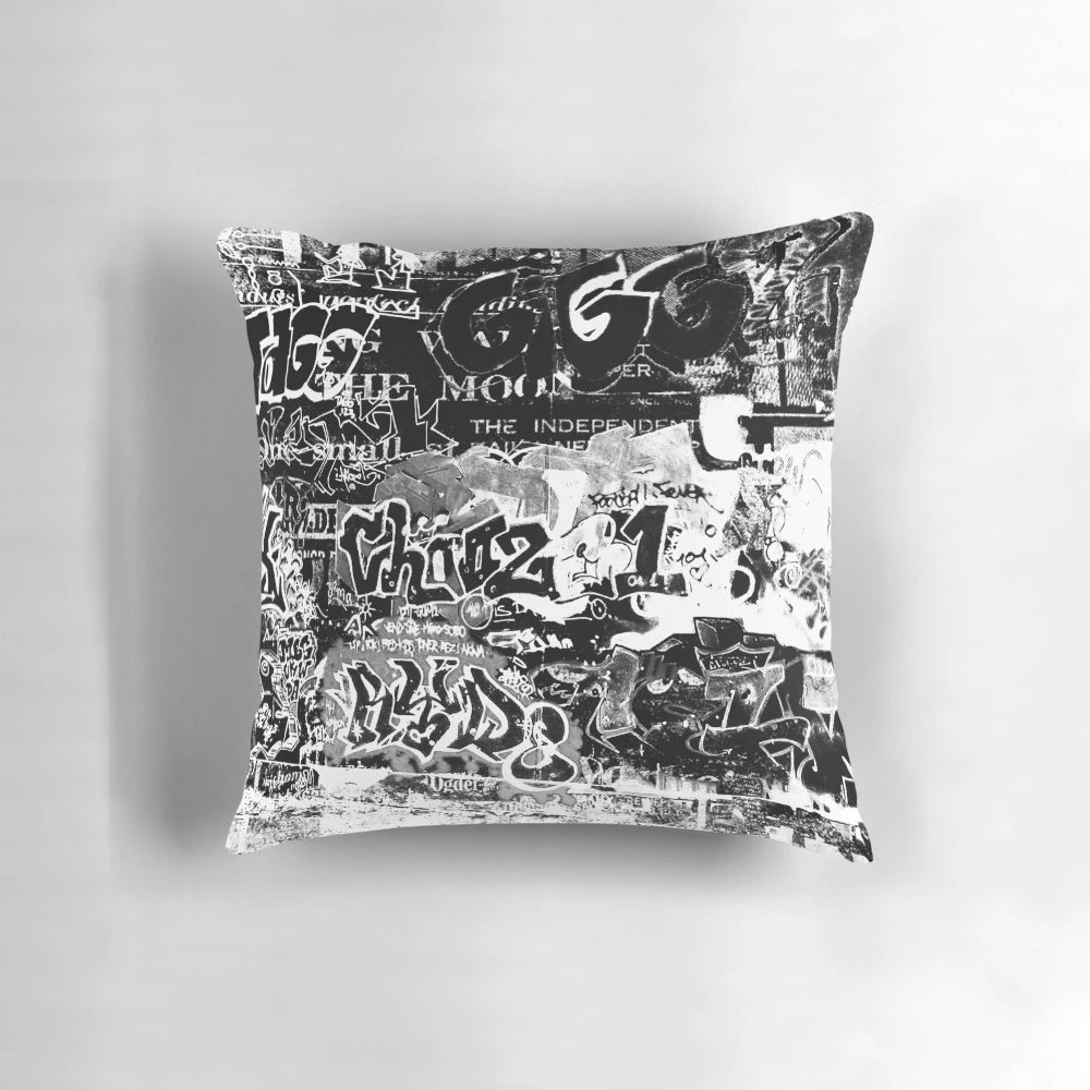 Graffiti-inspired decorative pillow with colorful street art design