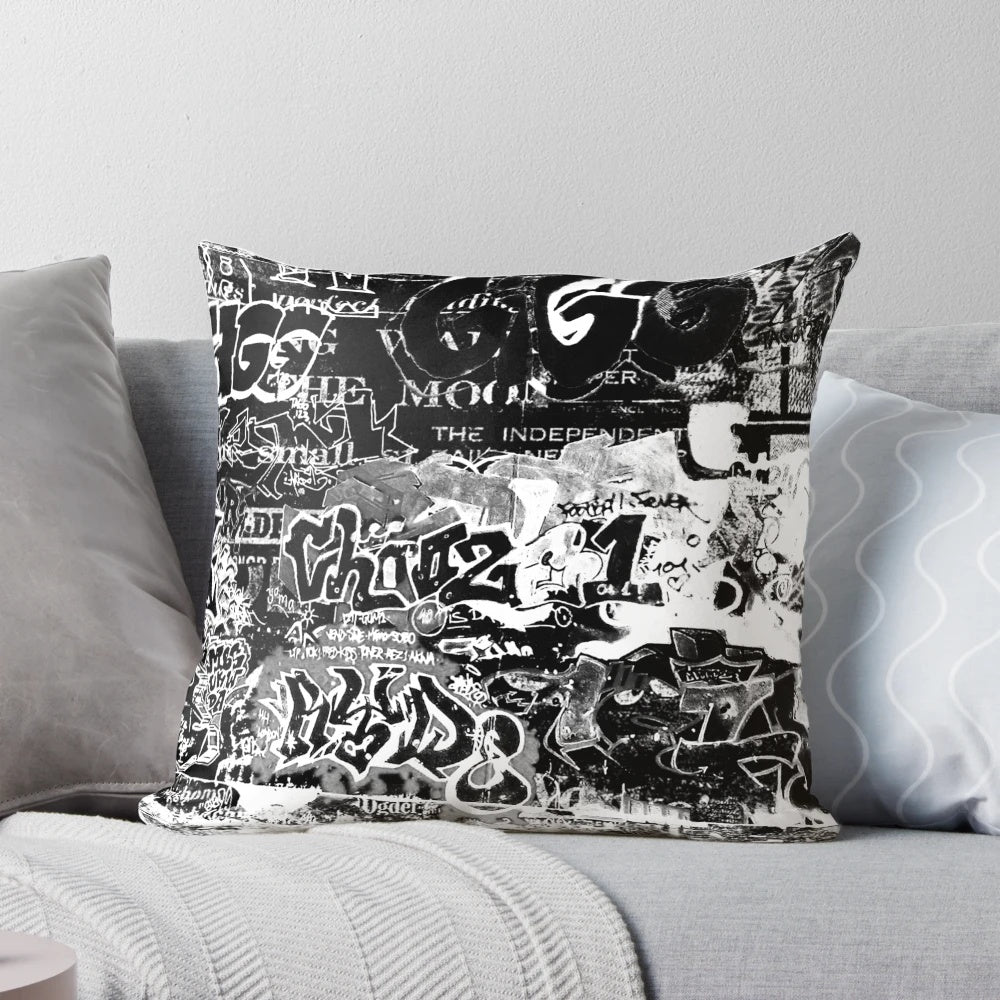 Graffiti-inspired decorative pillow with colorful street art design
