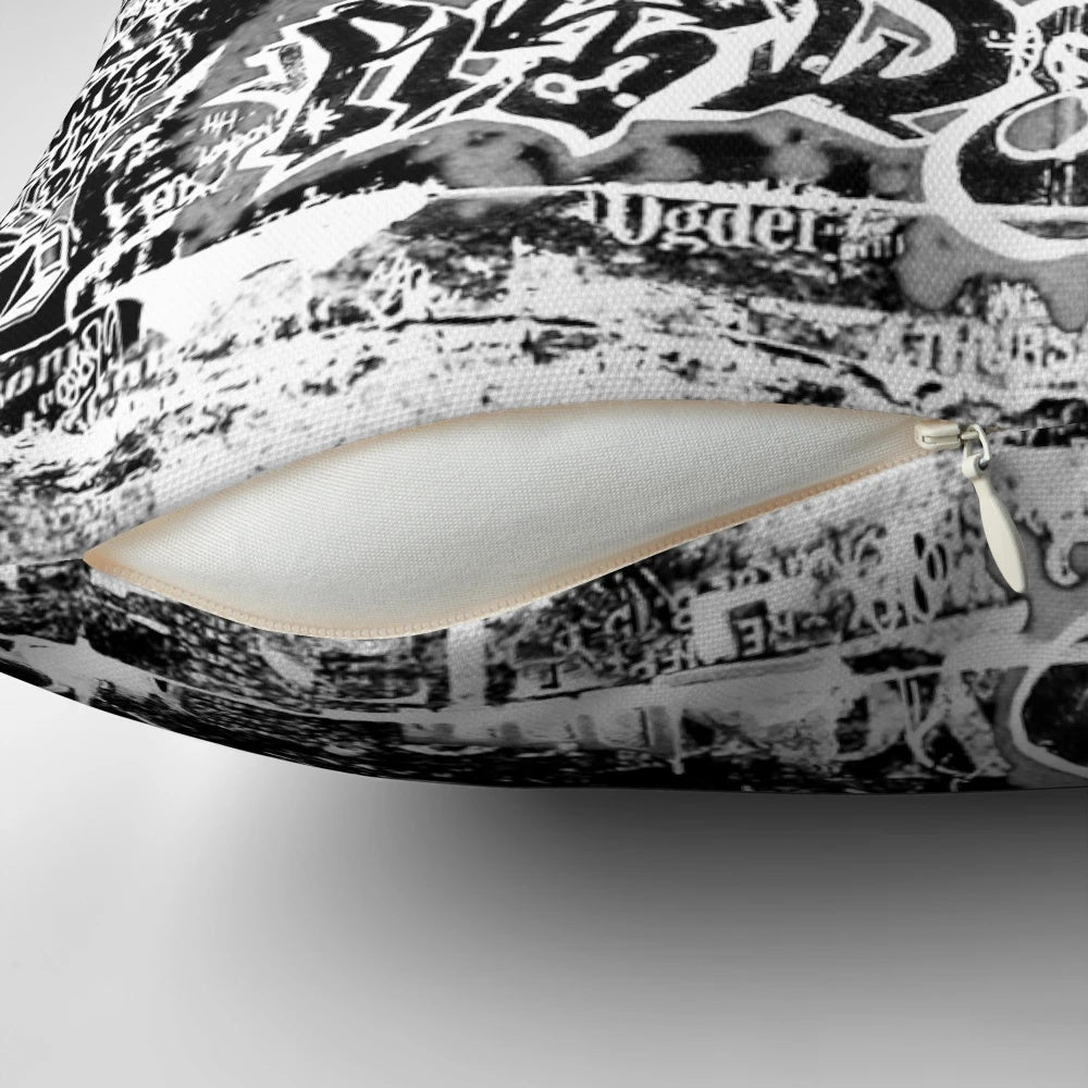 Graffiti-inspired decorative pillow with colorful street art design